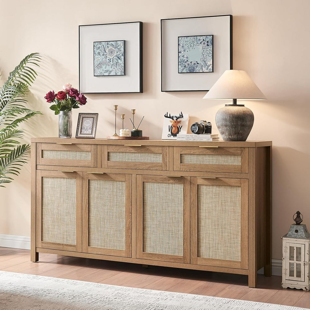 HOKYHOKY 63" Rattan Sideboard Buffet Cabinet, Boho Storage Cabinet | Adj...