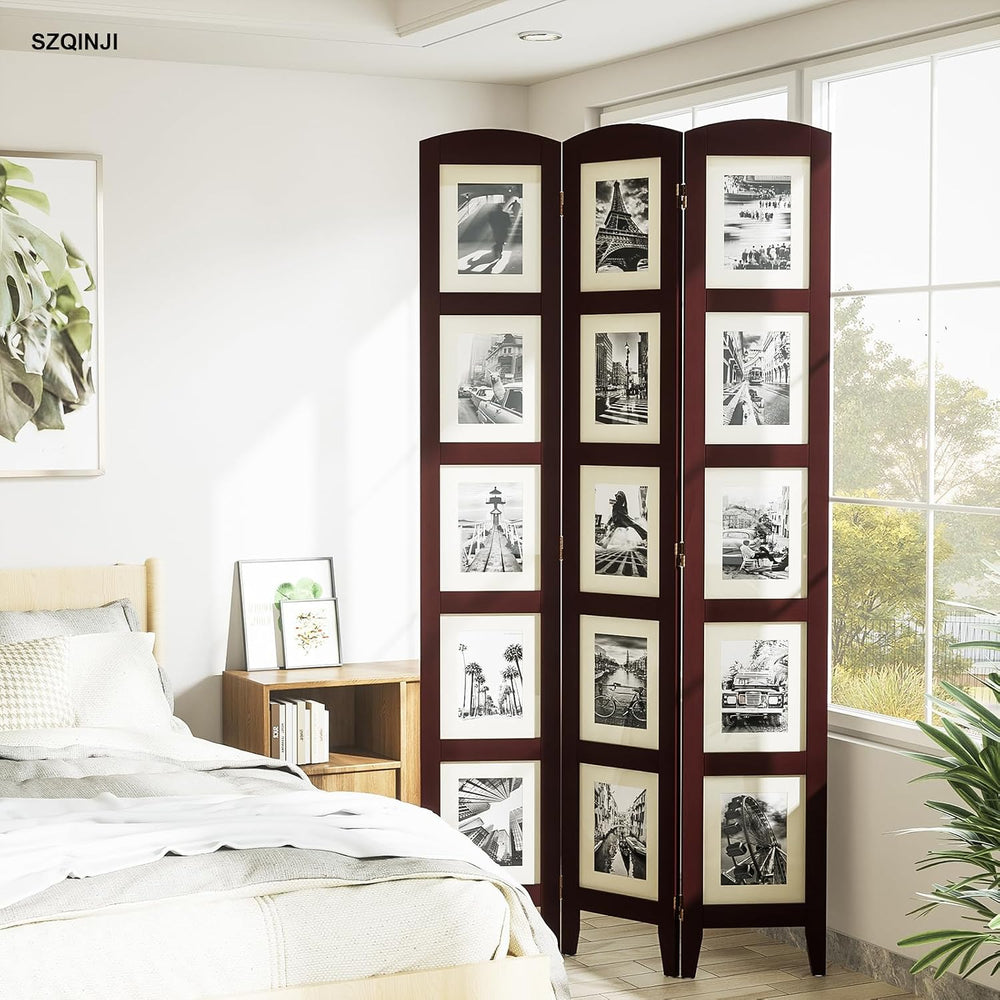SZQINJI 3 Panel Photo Room Divider Screen, Walnut