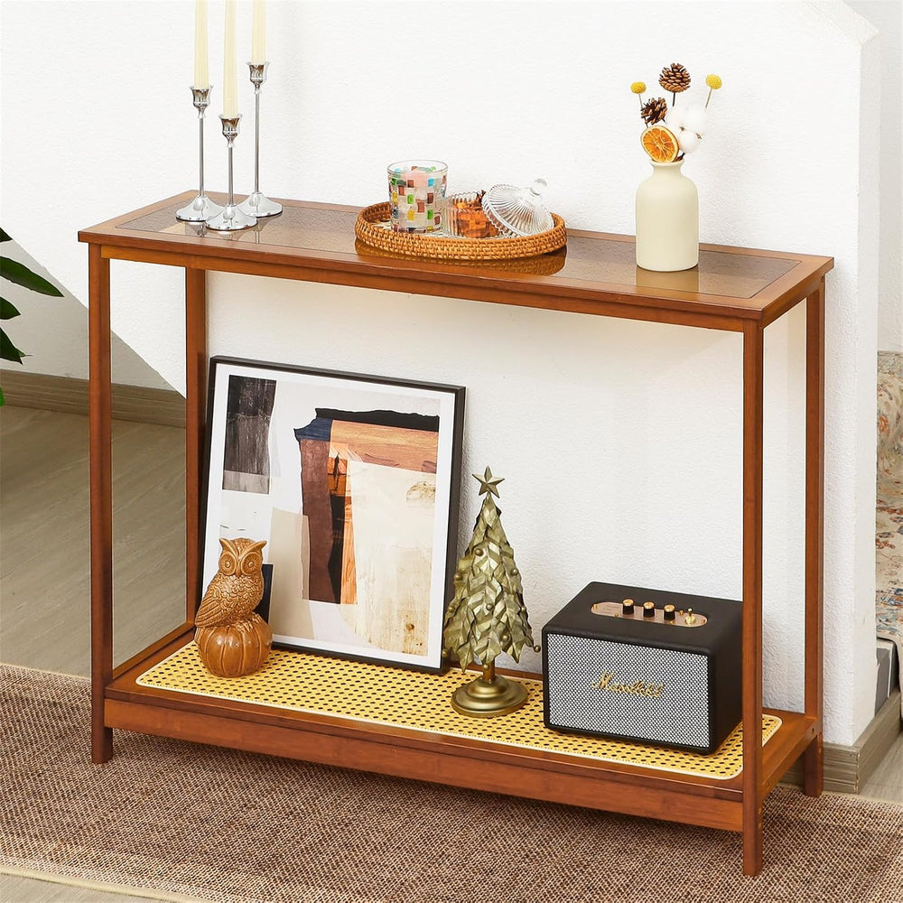 Bamboo Narrow Console Table, 39.4"(L) Wood Small Entryway Table with Rat...