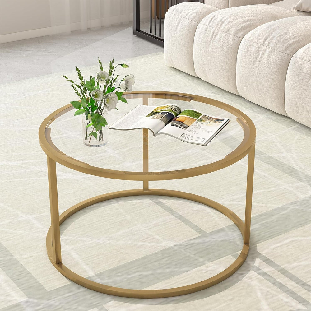 Glass Coffee Table,Round Gold Coffee Table for Small Space,27" Modern Ce...