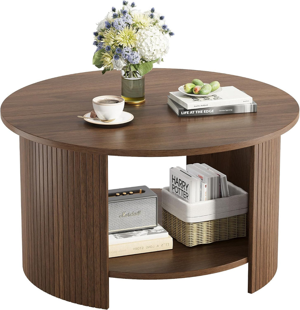 Round Coffee Table with Storage, 31.5" Modern Fluted Center Table, 2-Tie...