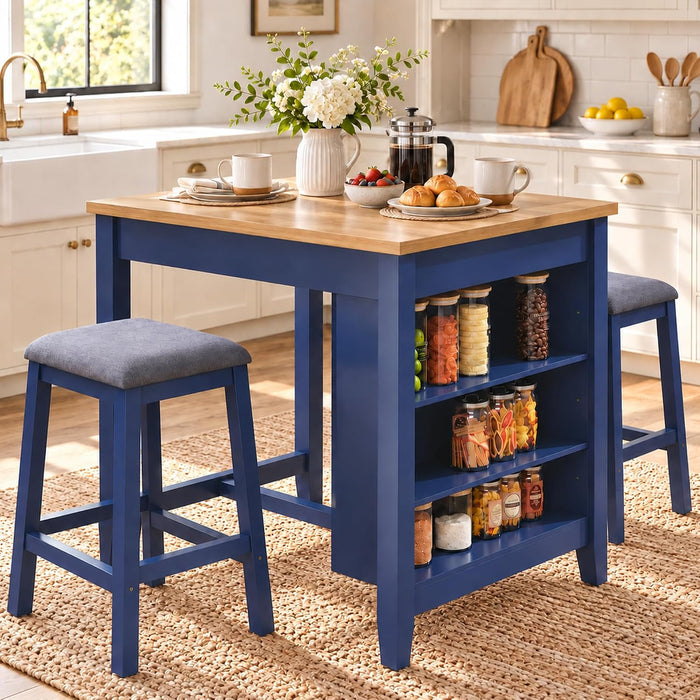 HLR 3-Piece Dining Table Set for 2 Person, Small Farmhouse Kitchen Table with 2 Bar Stools, Wood Dinner Table with Storage Shelves for Dining Room, Apartment, Small Space, Breakfast Nook, Blue