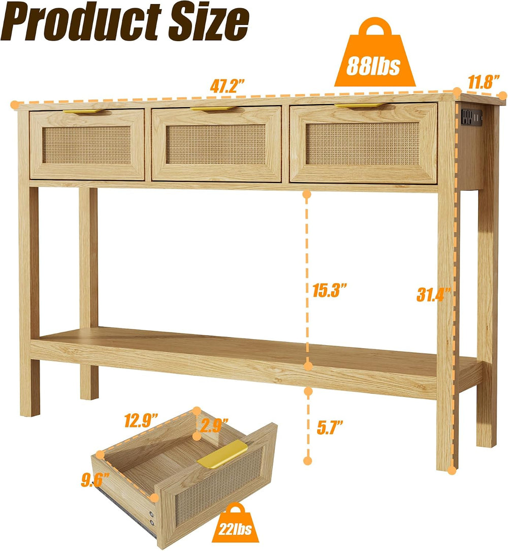 Entryway Table, Rattan Console Table with 3 Storage Drawers and Storage Shelf...