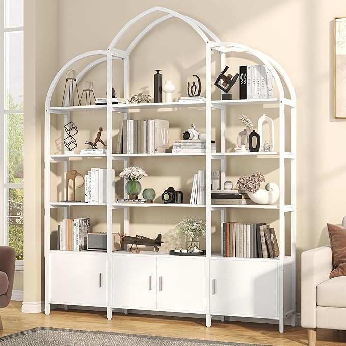 Triple Wide 5 Tier Tall Arched Bookshelf and Bookcase with 3 Cabinets, Indust...