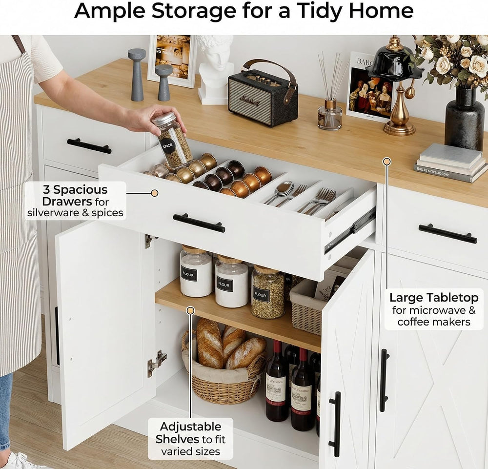 Coffee Bar Cabinet with Storage, Farmhouse Buffet Cabinet with 4 Doors & ...