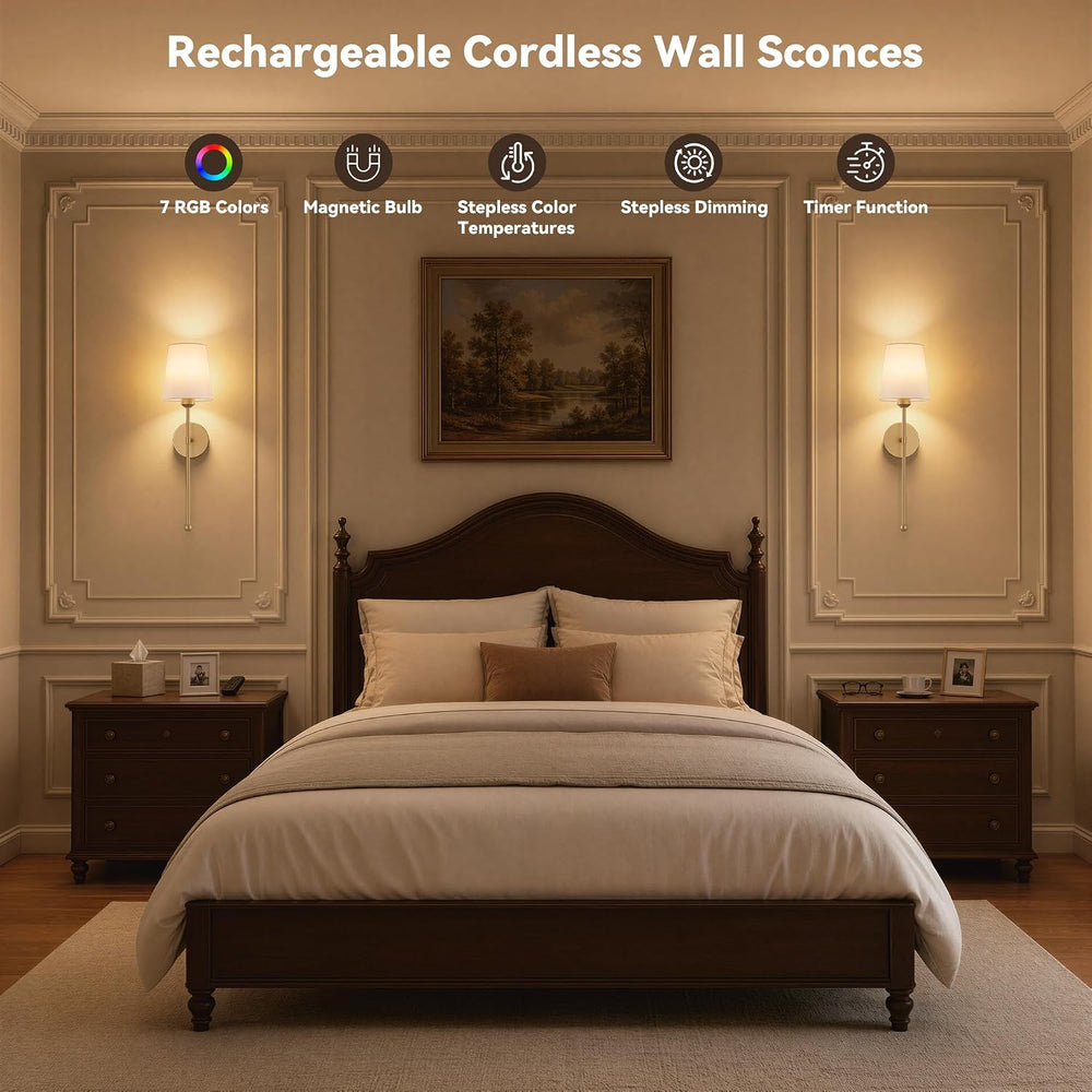 Battery Operated Wall Sconces, Gold, 2 Pack with Magnetic Bulbs,RF Remote