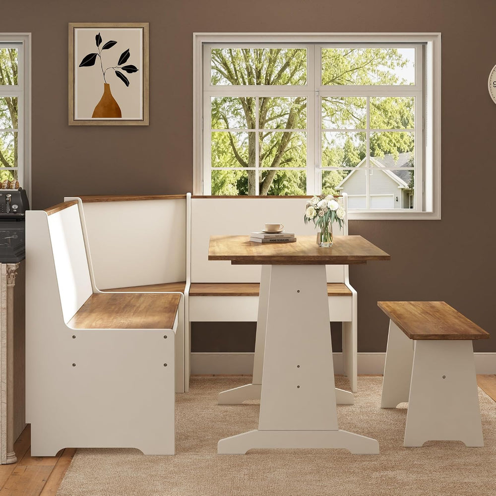 LUXOAK 3-Piece Corner Dining Set with Hidden Storage, White & Barnwood
