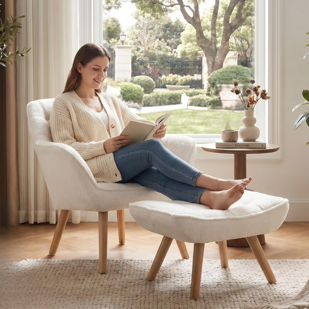 White Sherpa Accent Chair with Ottoman ,Modern Reading Chairs with Ottoman Se...