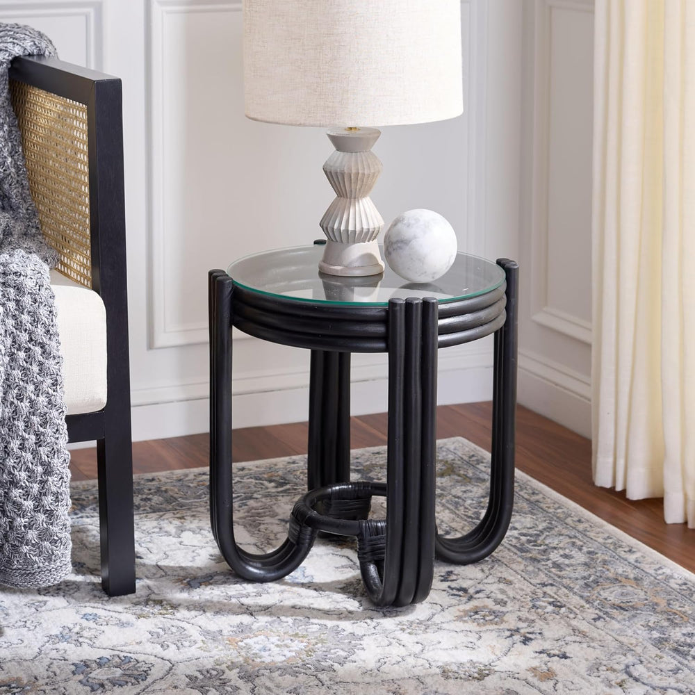 SAFAVIEH Home Collection – Bilian Round Accent Table, Black Rattan Base with ...