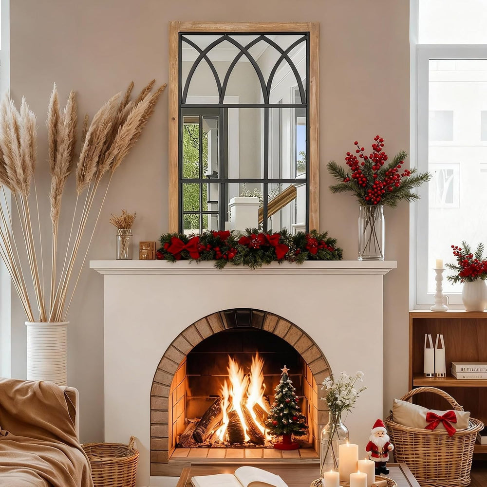 Rustic Window Mirror for Wall Decor, Wooden Frame Decorative Wall Mirror