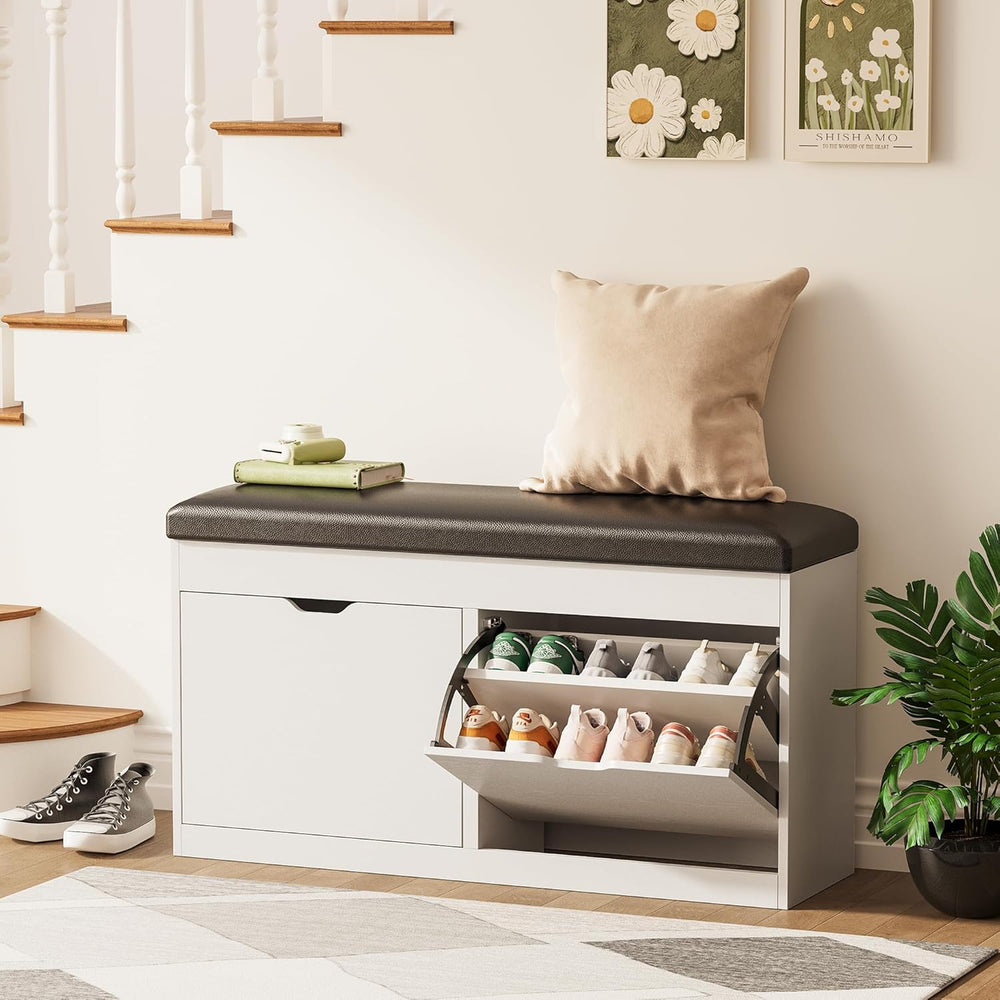 40" Shoe Storage Bench with 2 Flip Drawers & Padded Seat Cushion, Sh...