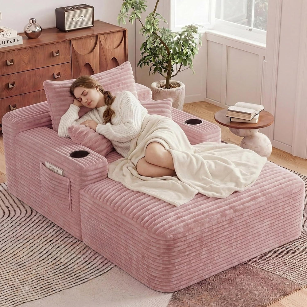 65" Oversized Chaise Lounge Chair Indoor, Chaise Lounge Chair with Cup H...