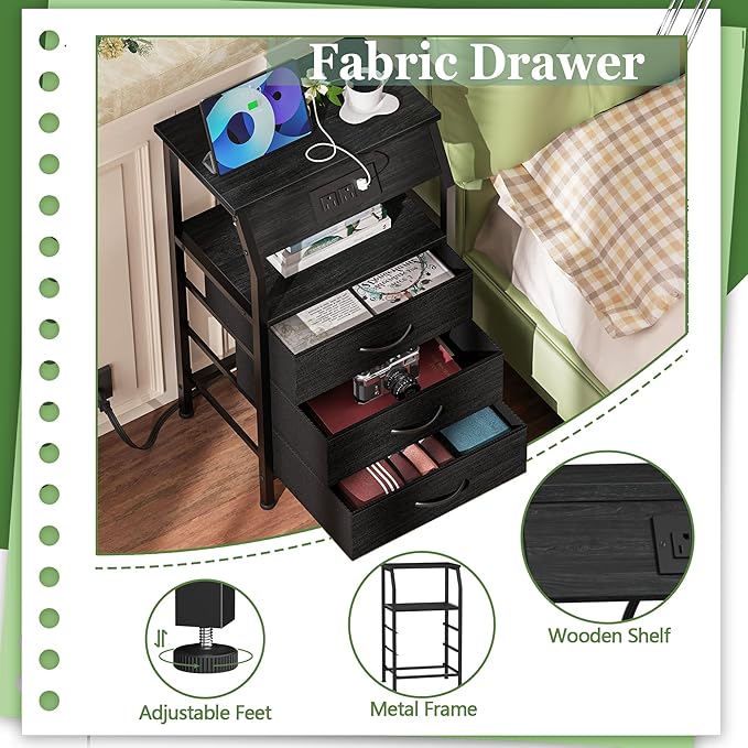 Furnulem Night Stand with Charging Station, 28.3 Inch Tall Side Table with Fa...