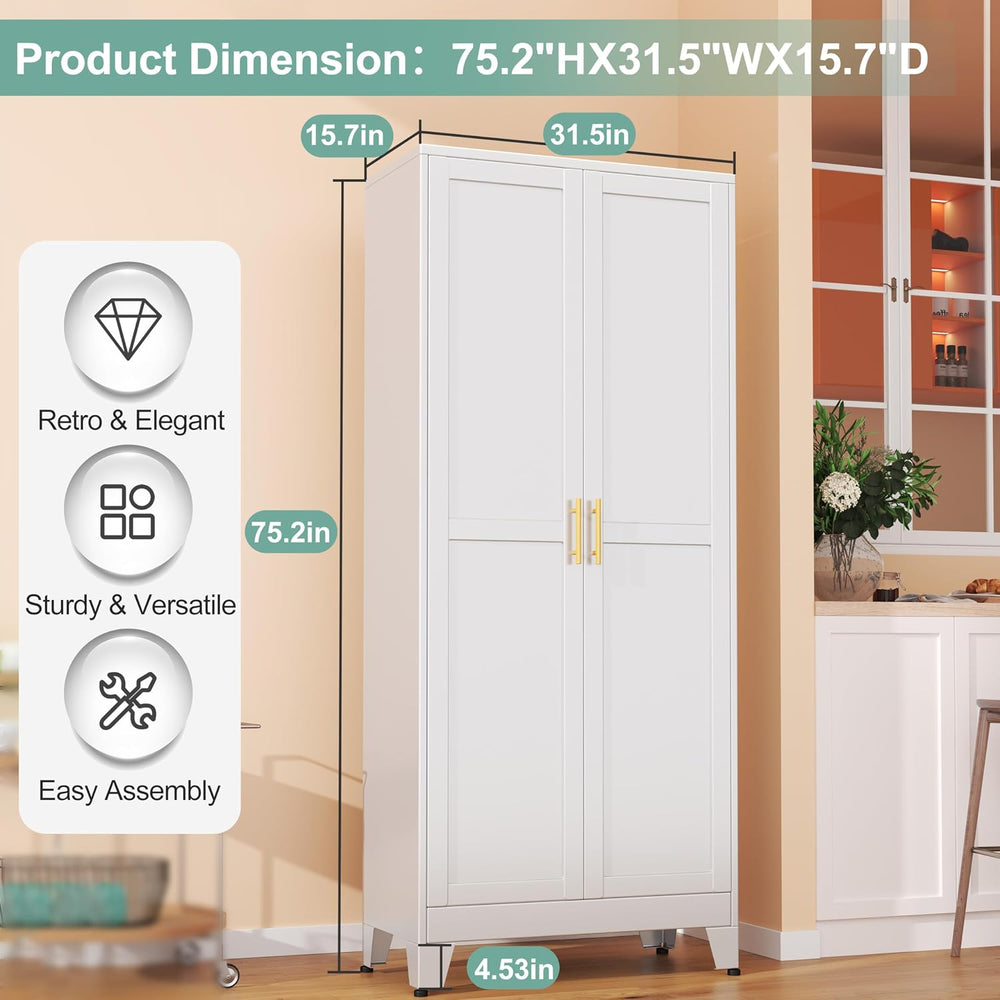 Metal Pantry Cabinet with 2 Doors and 5 Adjustable Shelves, 75"Kitchen S...