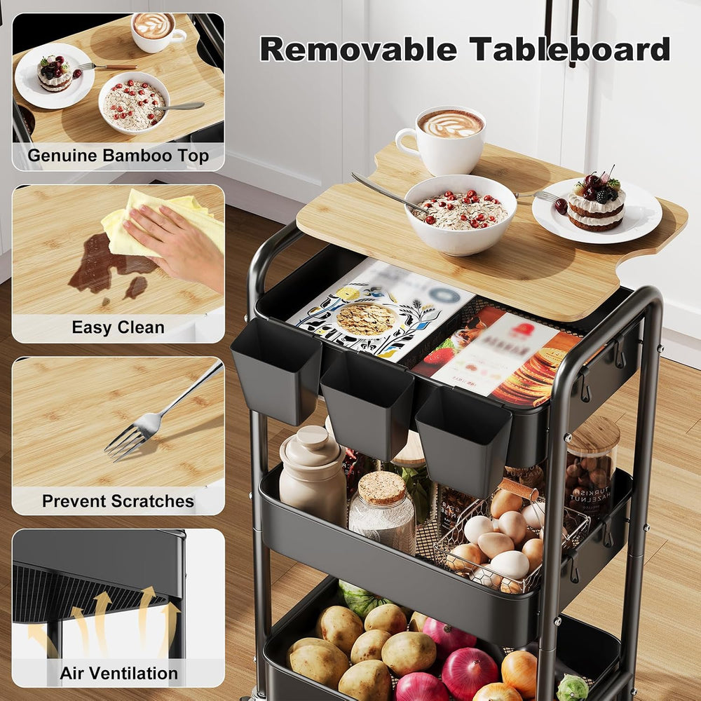 3 Tier Storage Rolling Cart with Wood Table Top on Lockable Wheels(Black)