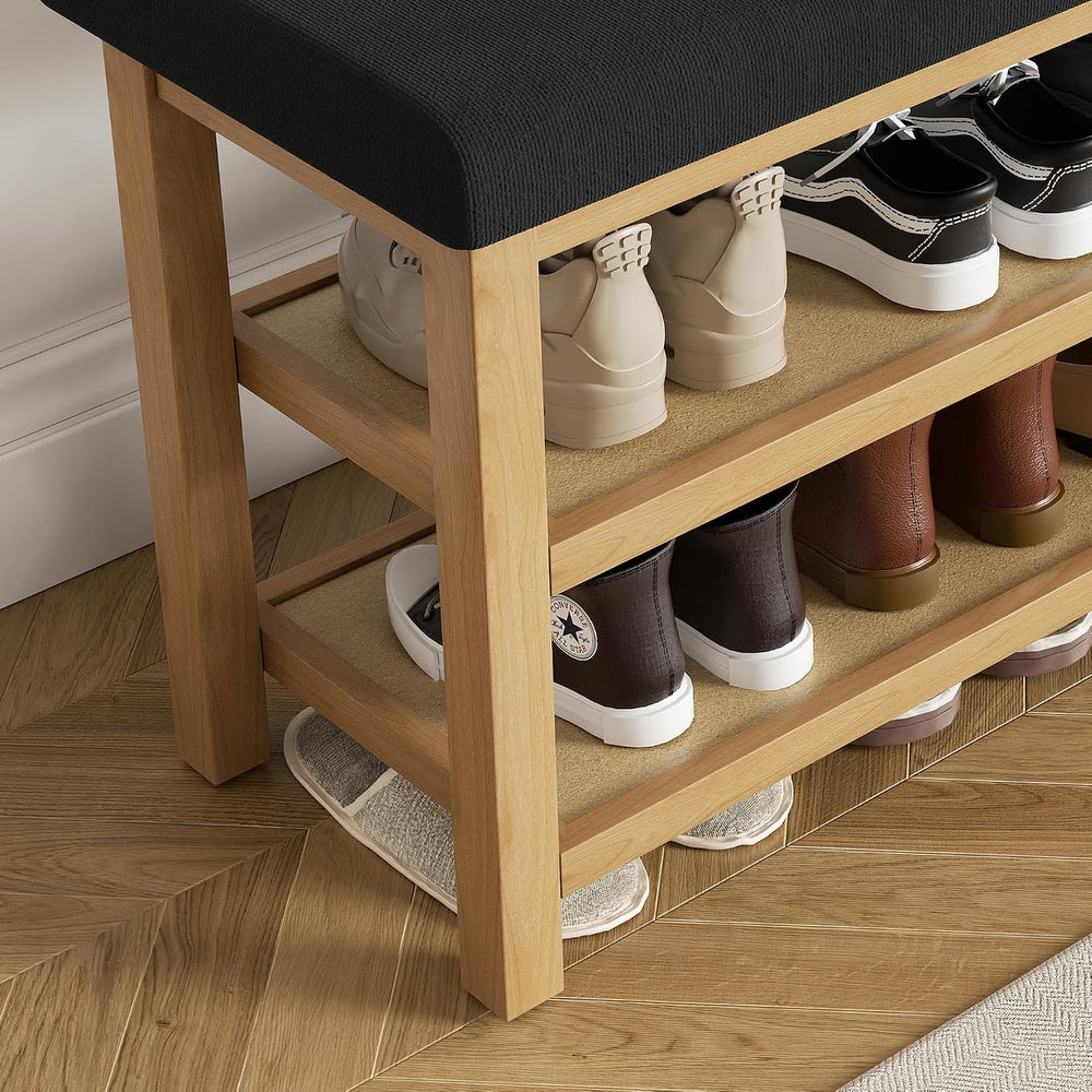 2 Tier Shoe Rack Bench with Cushion, Rubberwood Shoe Benches, Mid-Century Mod...