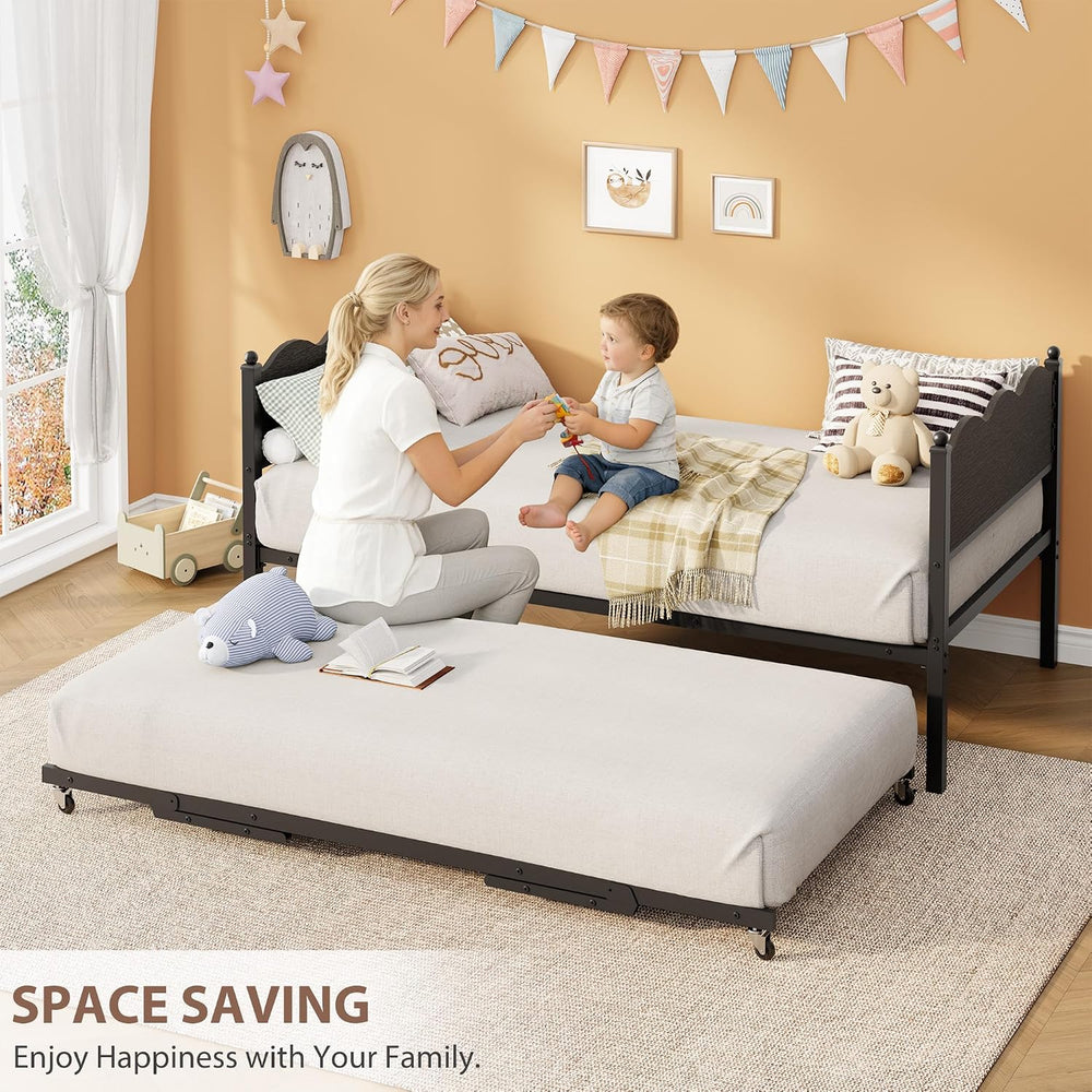 IDEALHOUSE Twin Daybed with Trundle, Day Bed with Industrial Wood Grain Headb...