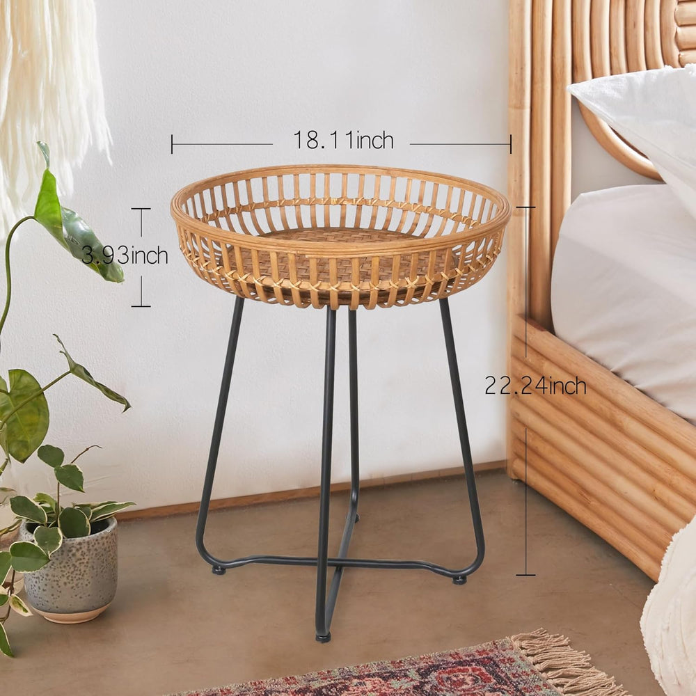 Oakrain Small End Table, Small Round Coffee, Bamboo&Rattan, Accent Table ...
