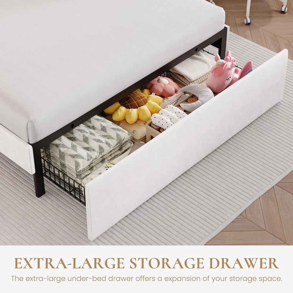 SHA CERLIN Full Size Bed Frame with LED Lights and Storage Drawer, White
