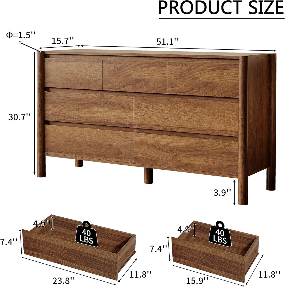 Walnut Dresser for Bedroom,51"Wide 7 Drawer Mid Century Modern Chest