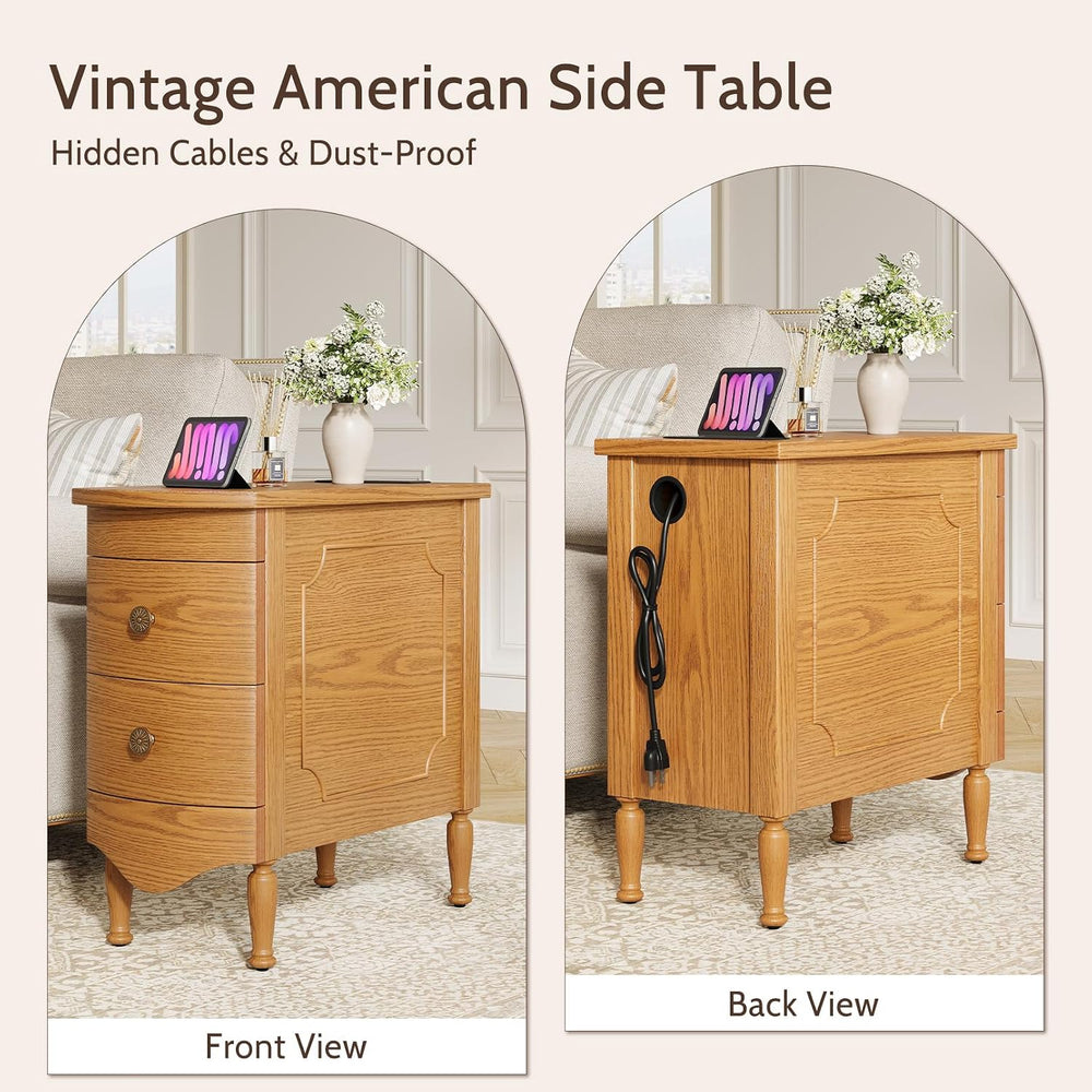 End Table Set of 2 with Charging Station, Narrow Side Table with 2 Drawer, Wo...
