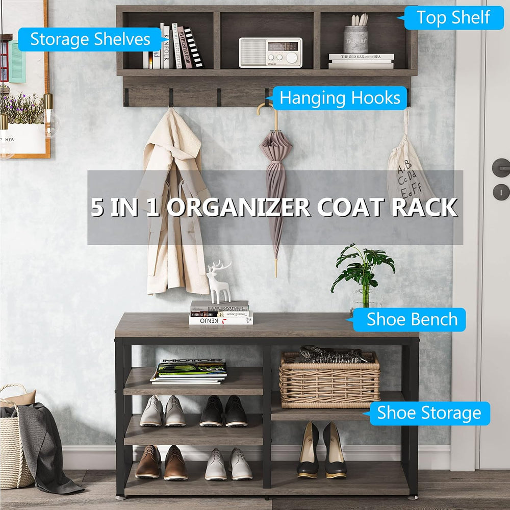 Tribesigns Coat Rack Shoe Bench Set Industrial, Hall Tree with 3 Storage Cubb...