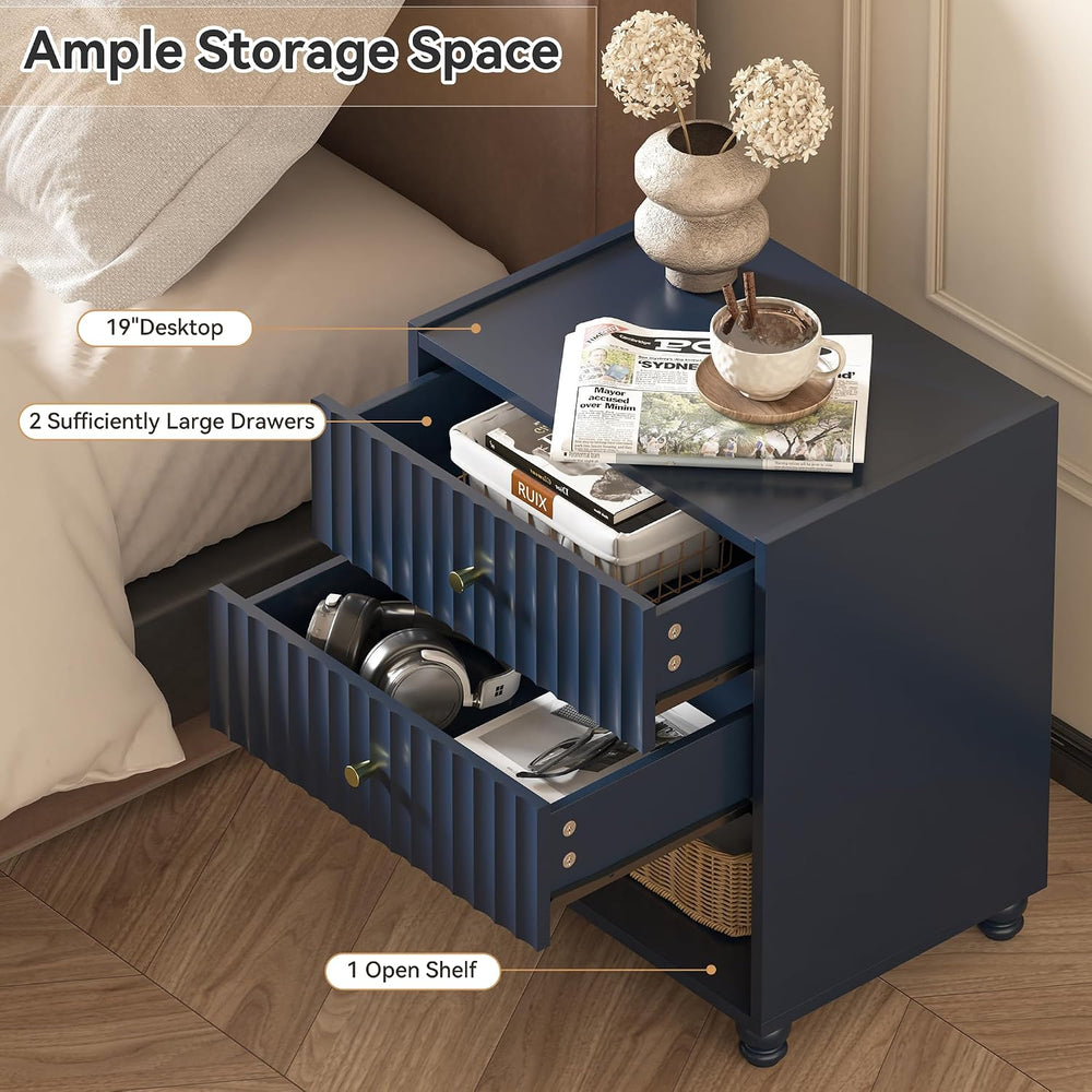 22 inch Tall Blue Nightstand Set of 2, Fluted Bedside Table with 2 Drawers an...