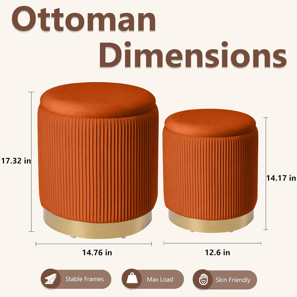 Royal Windsor Round Ottoman with Storage Set of 2, Storage Vanity Stool | Vel...