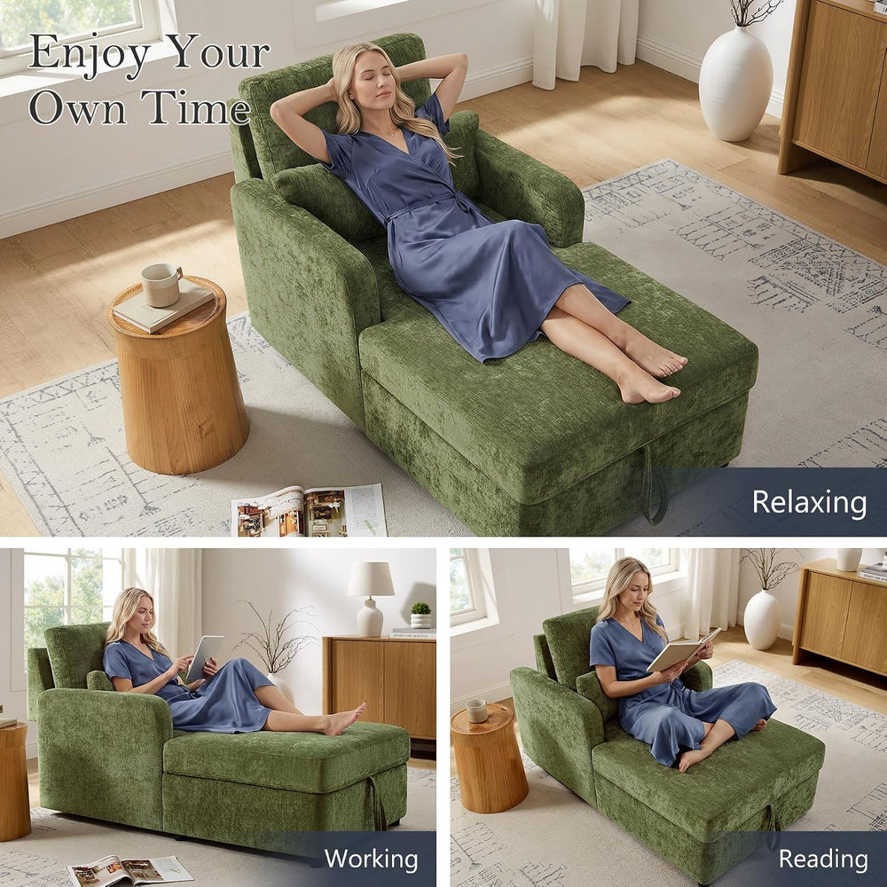 63.8" Oversized Chaise Lounge Chair with Storage, Chenille Green