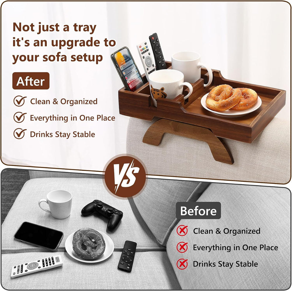 Couch Arm Table with Dual Cup Holders, Acacia Wood Sofa Arm Tray | Fits armle...