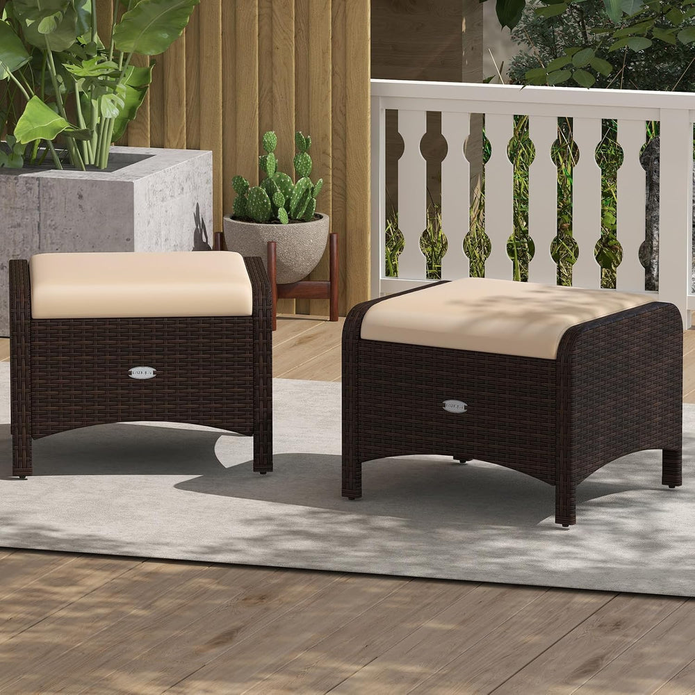 RELAX4LIFE Wicker Outdoor Ottomans for Patio - Set of 2 Rattan Footstools w/R...