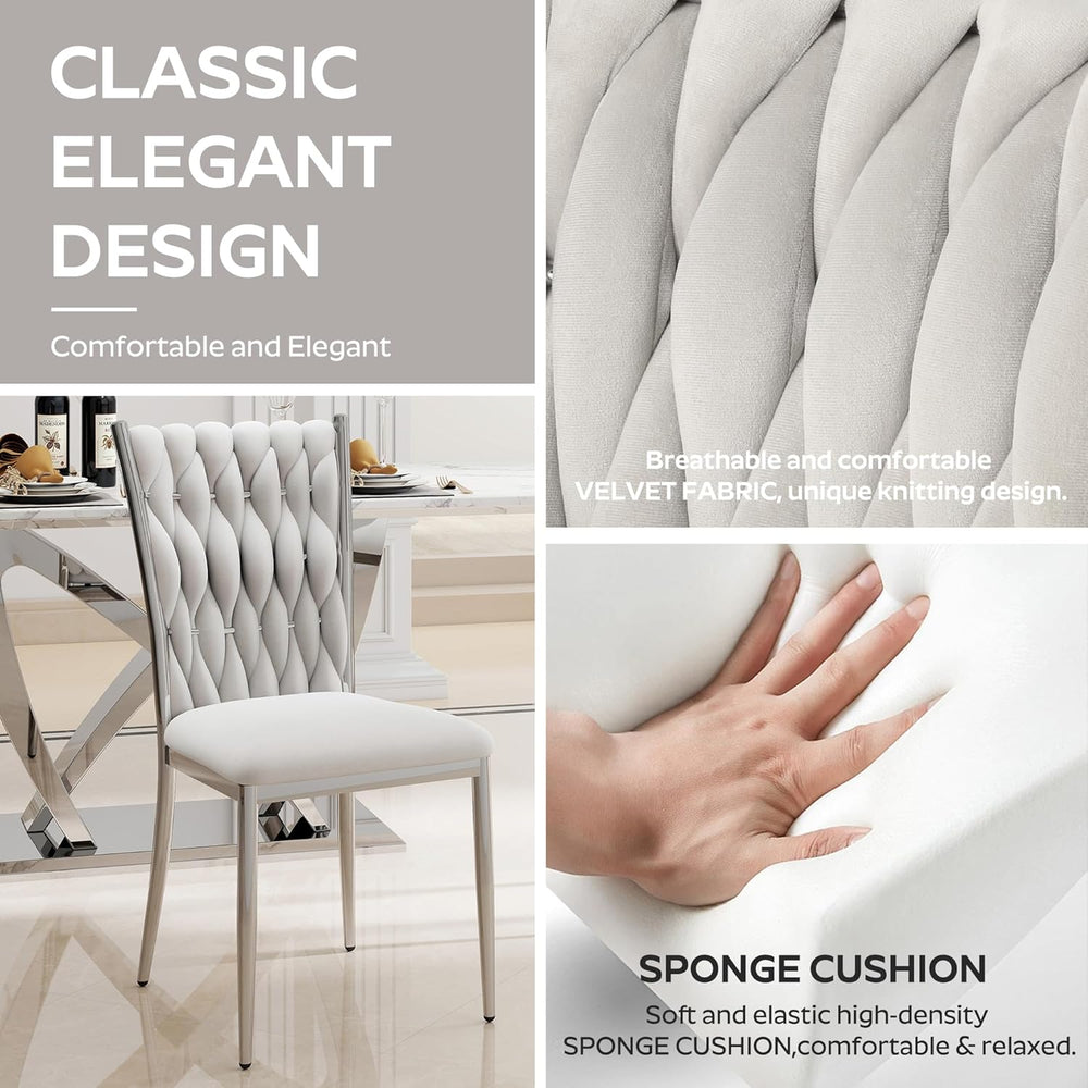 Modern Dining Chairs Set of 6, Light Grey Velvet Woven Kitchen Chair with Sil...