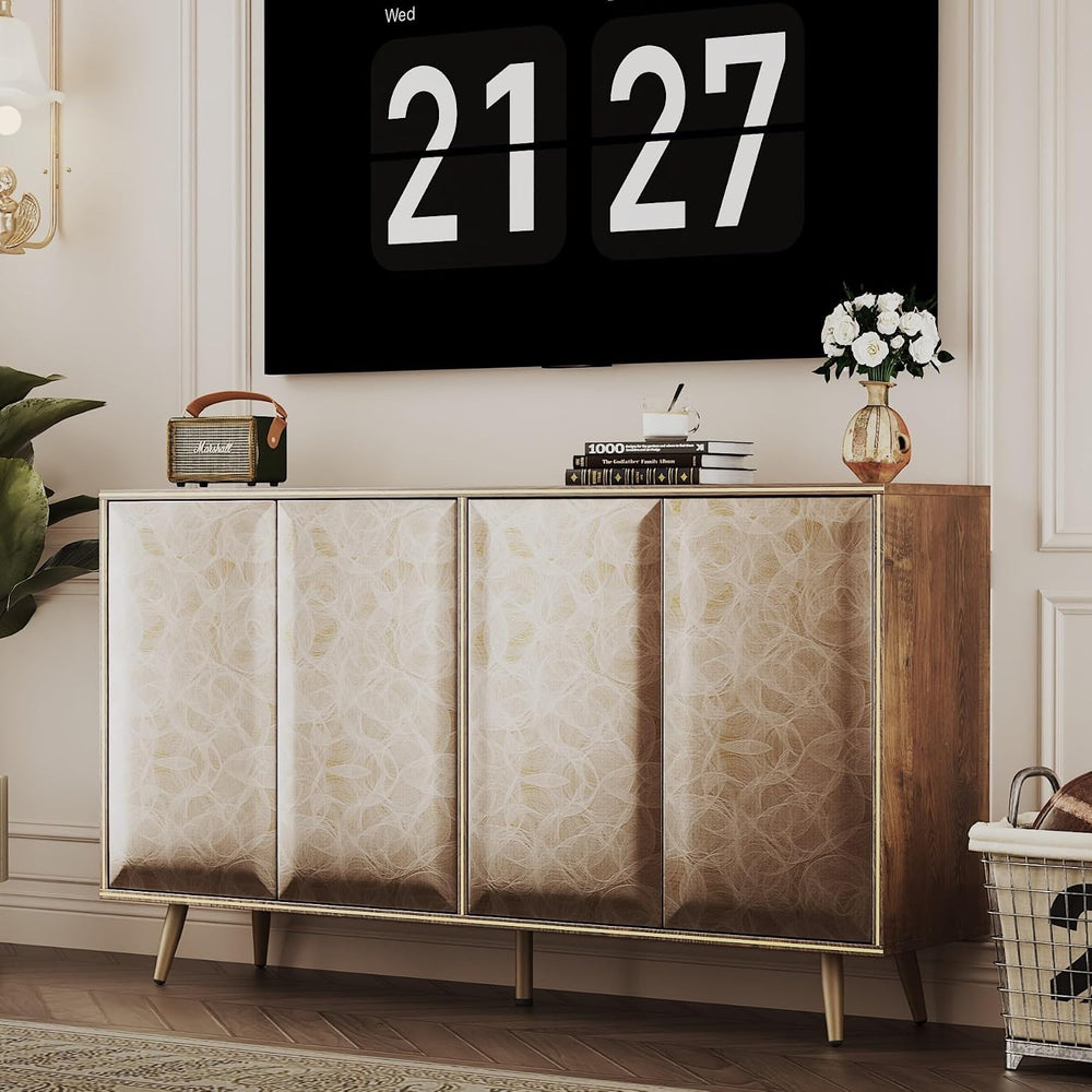Sideboard Buffet Cabinet with Raised Shaped & Geometric Line Texture Door...