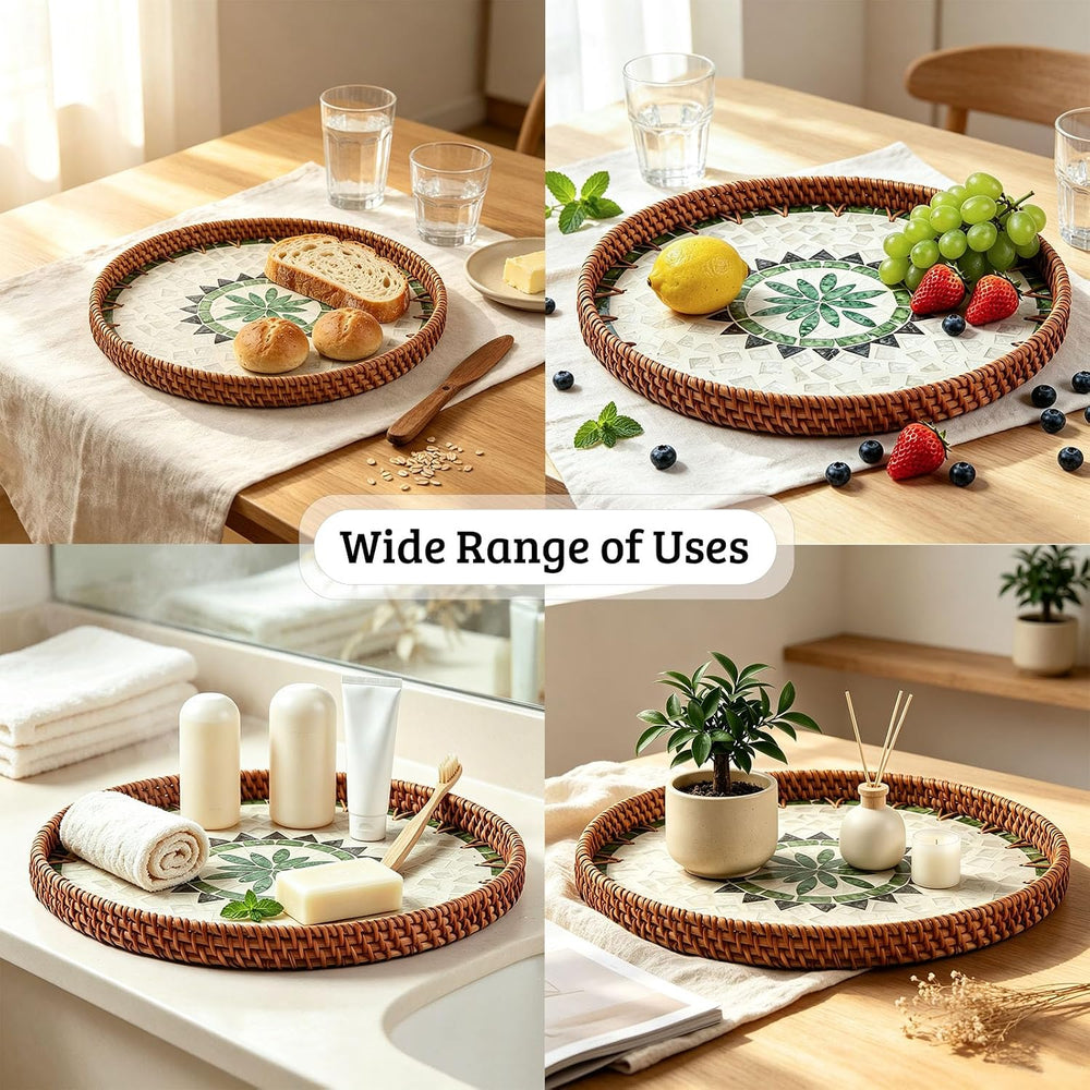 Round Rattan Tray with Mother of Pearl Inlay, Wooden Base