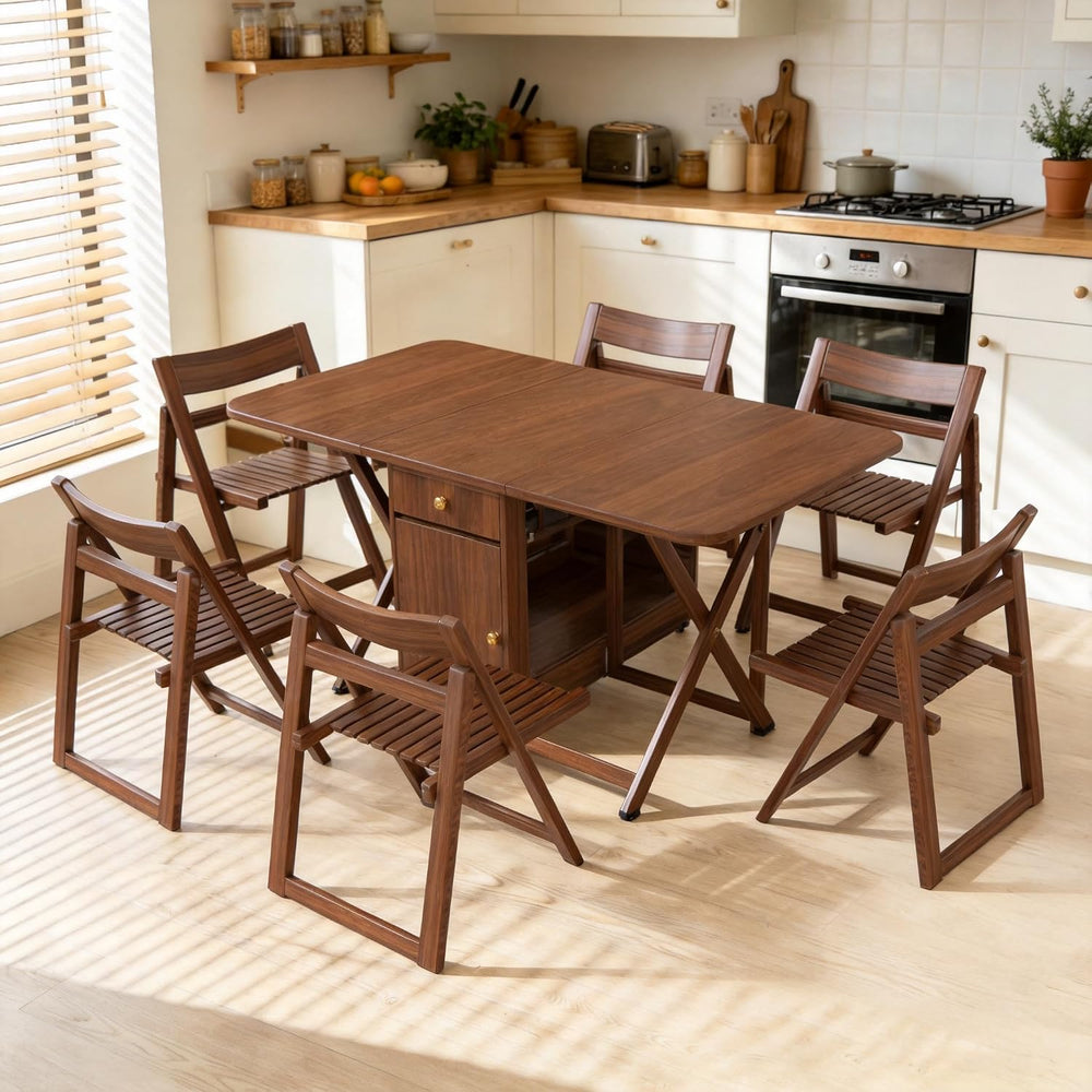 Small Drop Leaf Table - Folding Dining Table Set for 6 with 6 Foldable Chairs...