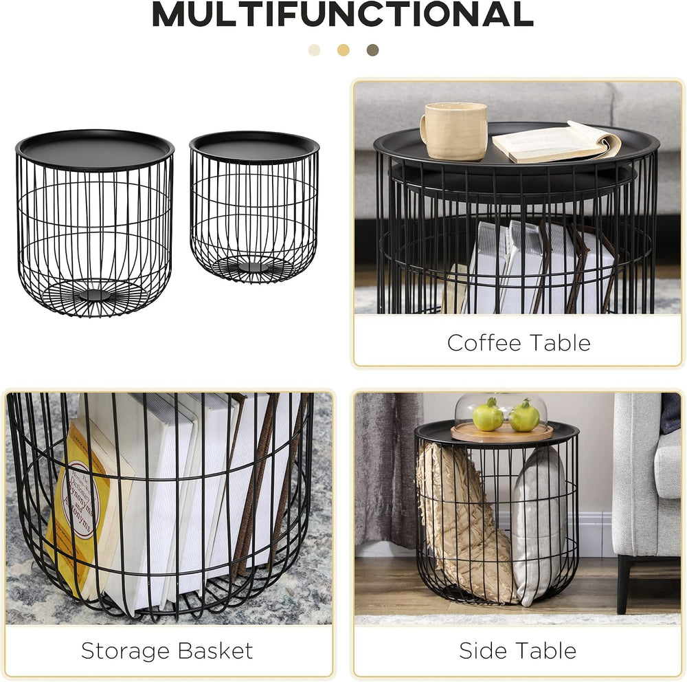 HOMCOM Nesting Coffee Tables Round Wire Basket Table Set of 2 Black | Removab...