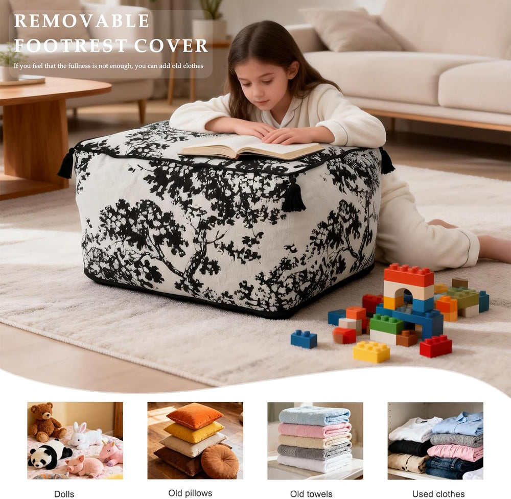 Chenille Square Pouf Ottoman - Foot Stool for Living Room & Bedroom | Sof...