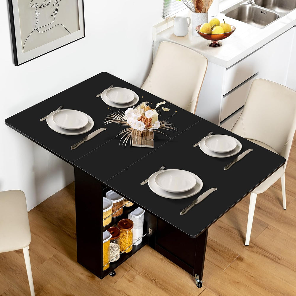 Folding Dining Table with Drawer and Storage Shelves, 53" Space Saving F...