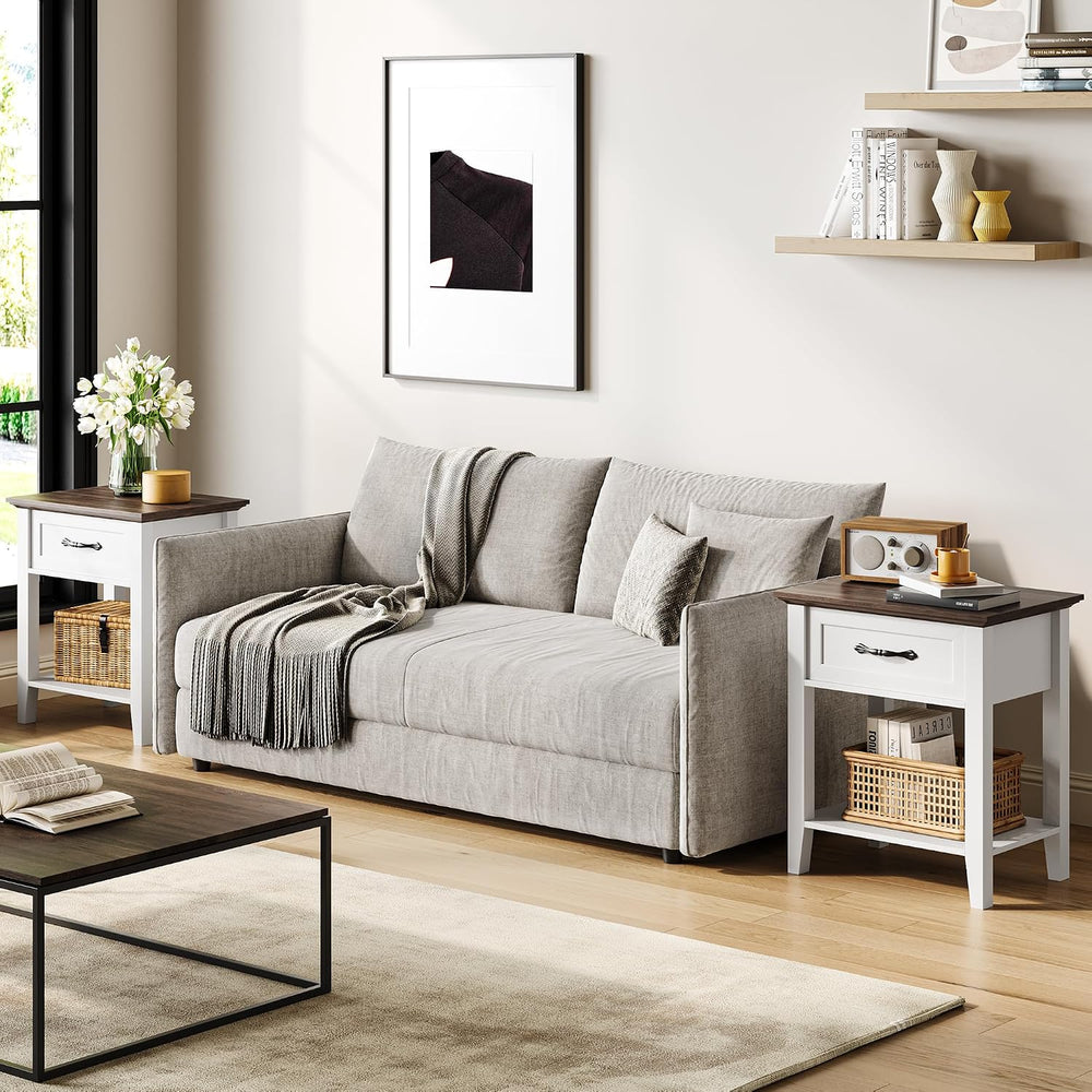 Side Table, Wood Coffee Table with Drawer Square Nightstand with Open Storage...