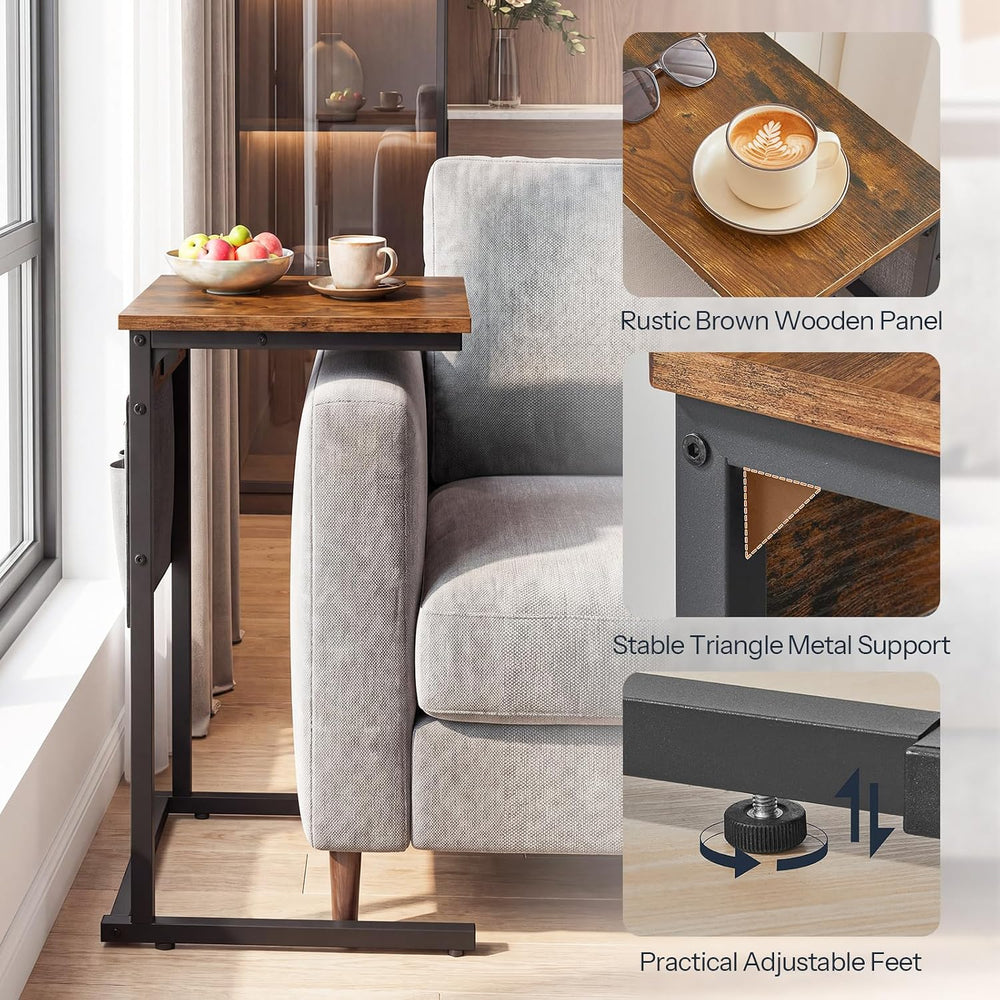 HOOBRO C Shaped End Table with Charging Station, Slide Under Couch Table