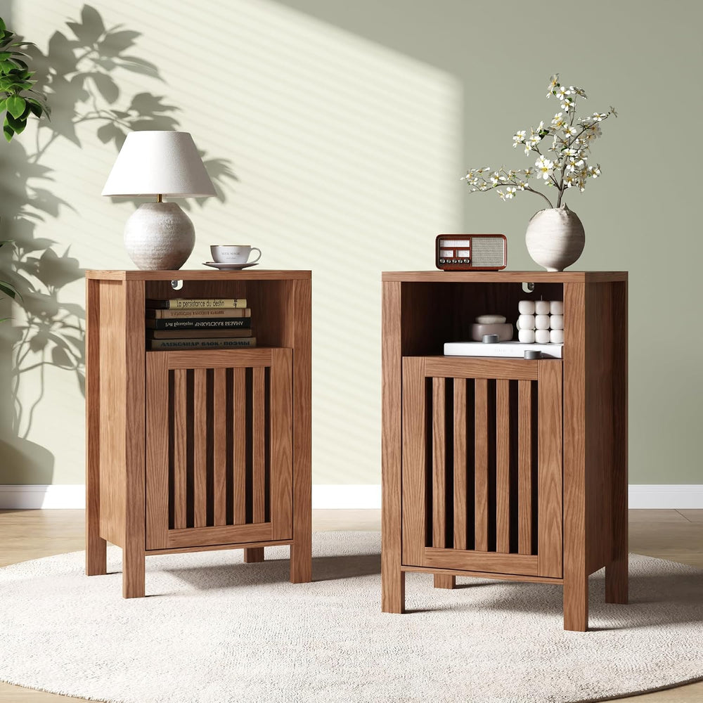 Farmhouse Nightstand Set of 2, Modern Bedside Table with Door and Open Shelf,...