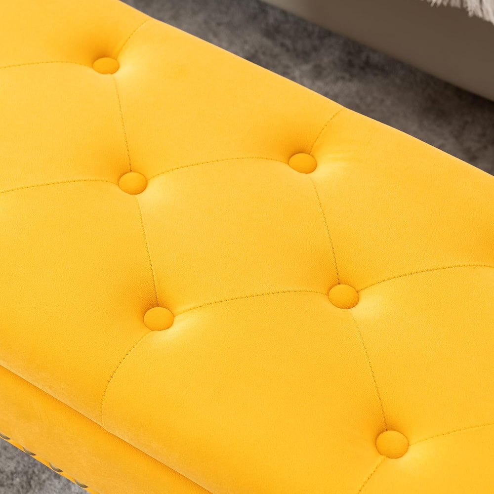 40" Mustard Yellow Velvet Storage Bench with Gold Legs Nailhead Trim | T...