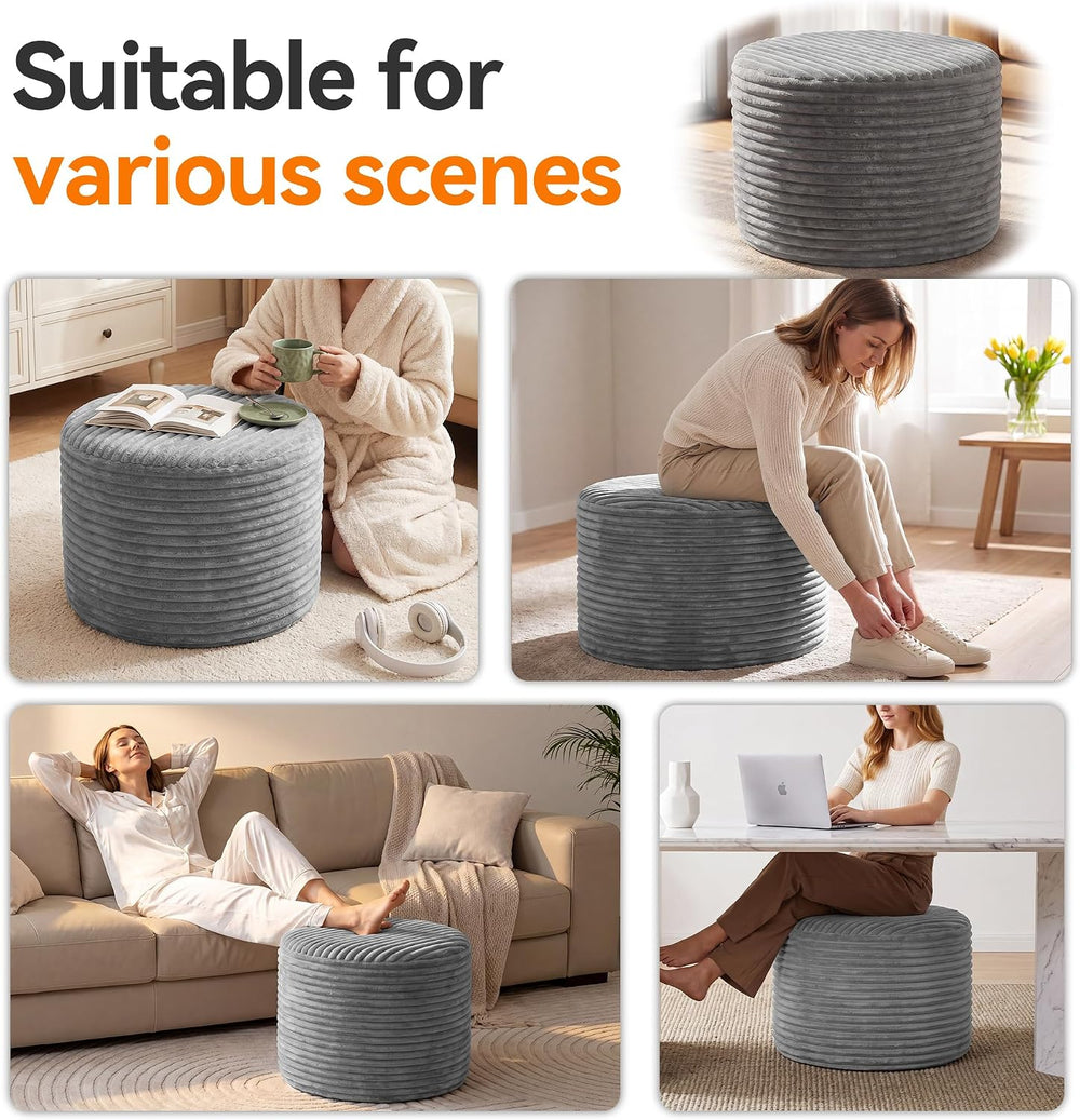 20in Round Pouf Ottoman, Large Corduroy Ottoman Foot Rest with Solid High-Den...