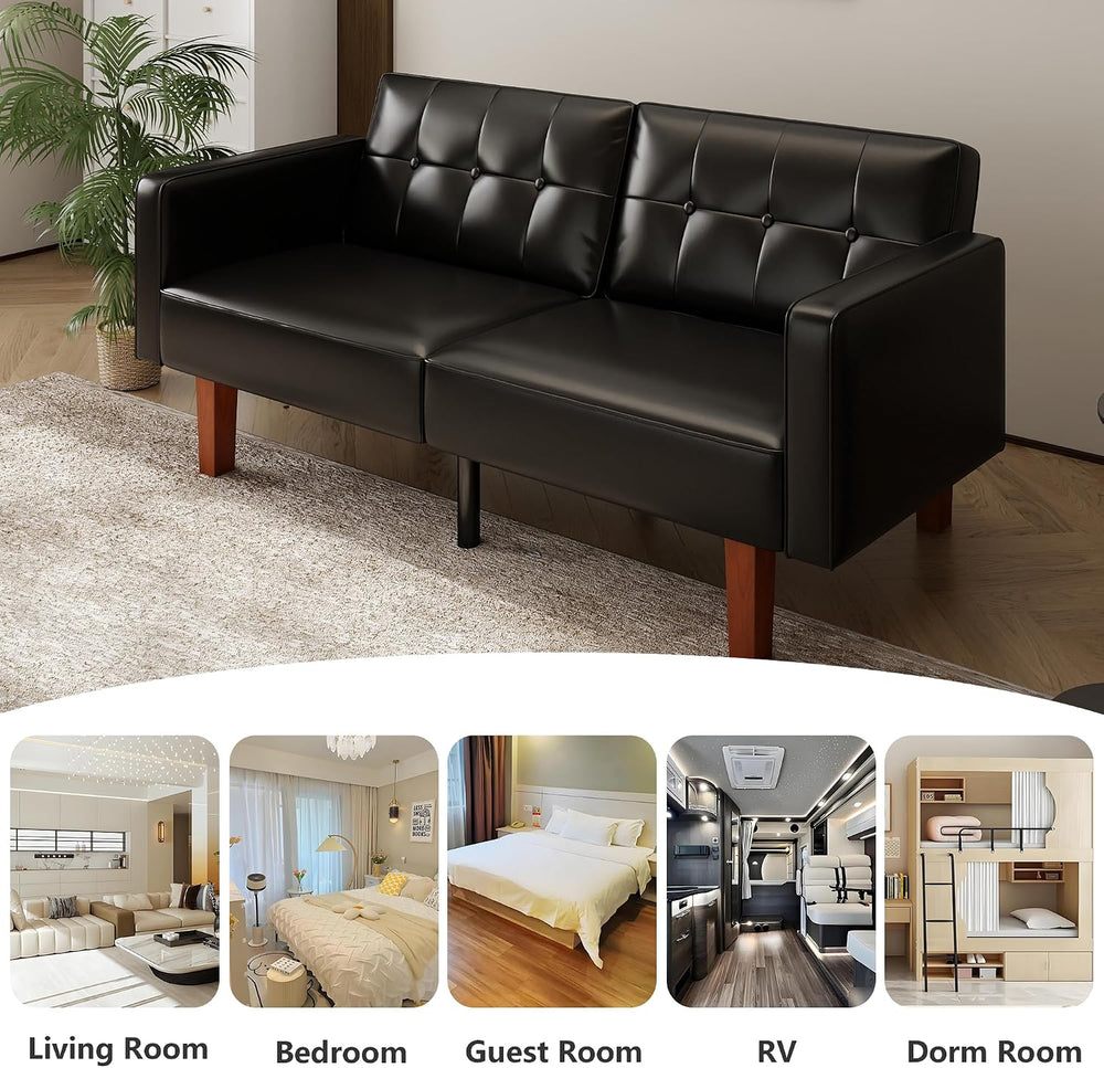mikibama Convertible PU Leather Black Futon Sofa Bed with Split Back,Mid Cent...