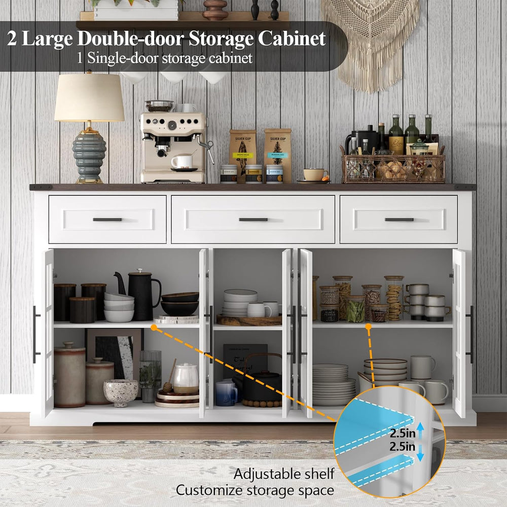 63" Buffet Cabinet with Glass Doors, Farmhouse Sideboard with 3 Drawers