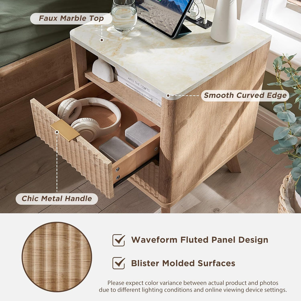 T4TREAM 18" Fluted Nightstand with 2 Drawers Set of 2, Natural Oak