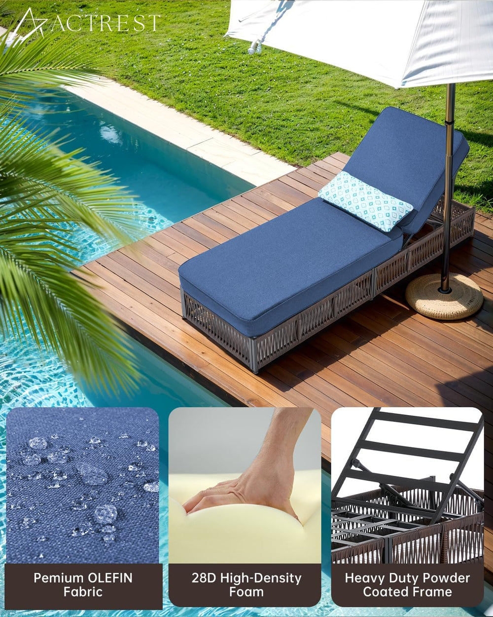 Luxury Outdoor Chaise Lounge with 5 Inch Thickened Cushions - 1 Set High Back...