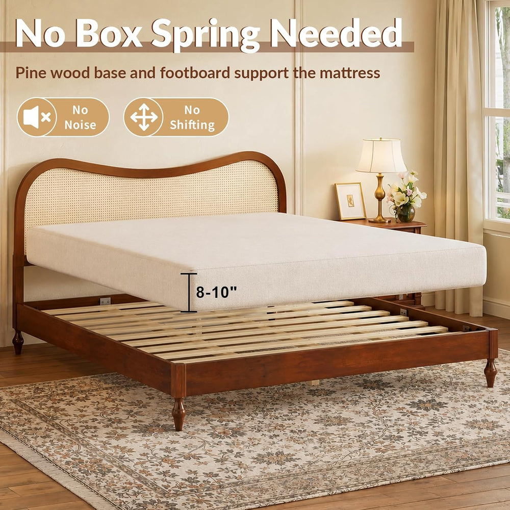 King Size Boho Platform Bed Frame with Curved Rattan Headboard
