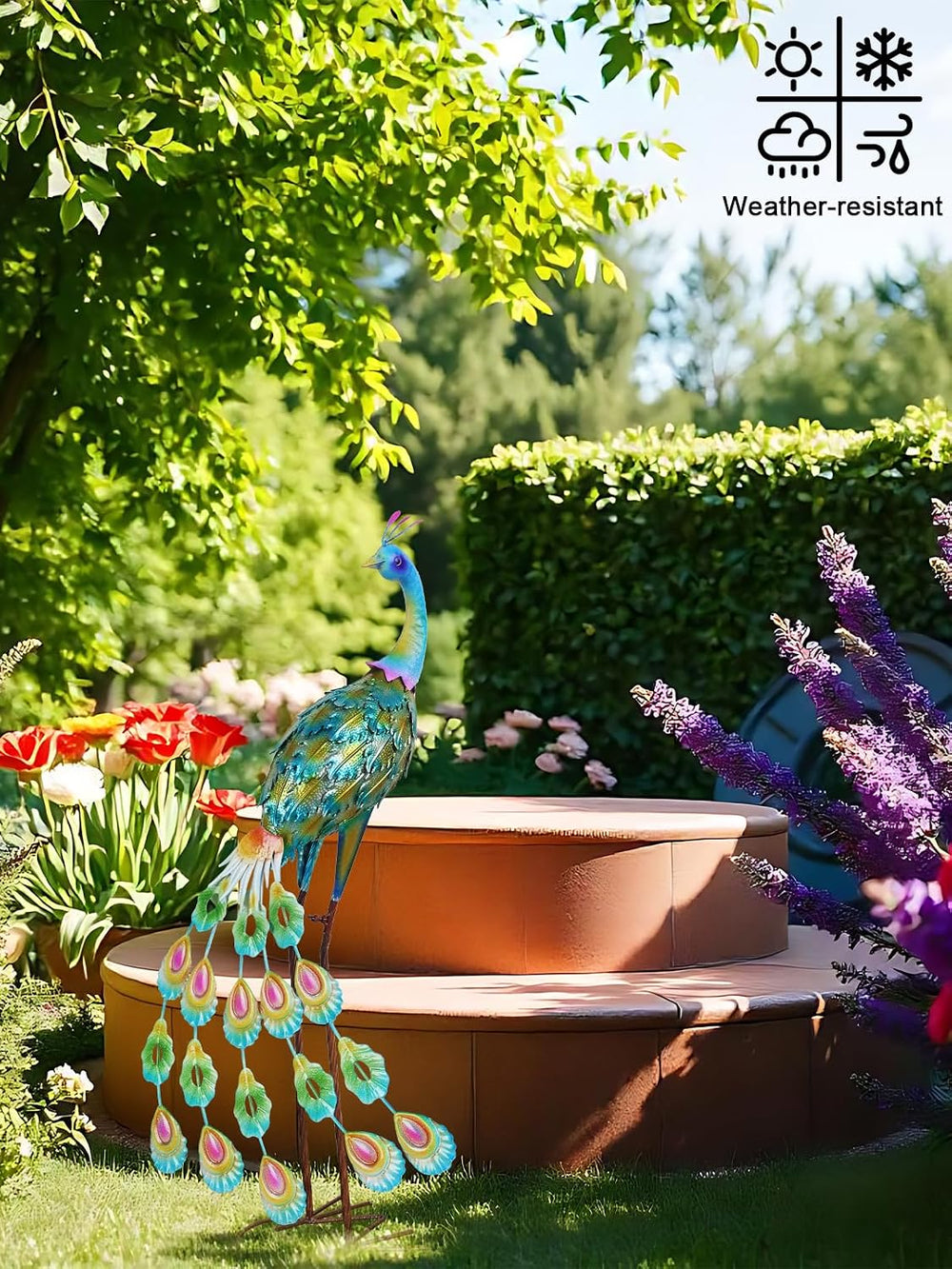 YEAHOME Garden Decor Outdoor Statues, 34" Large Metal Peacock Standing Y...