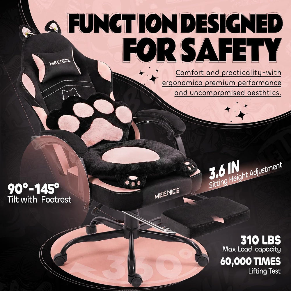 Pink Gaming Chair Cute with Cat Ears Paw Lumbar and Cushion,Ergonomic Compute...